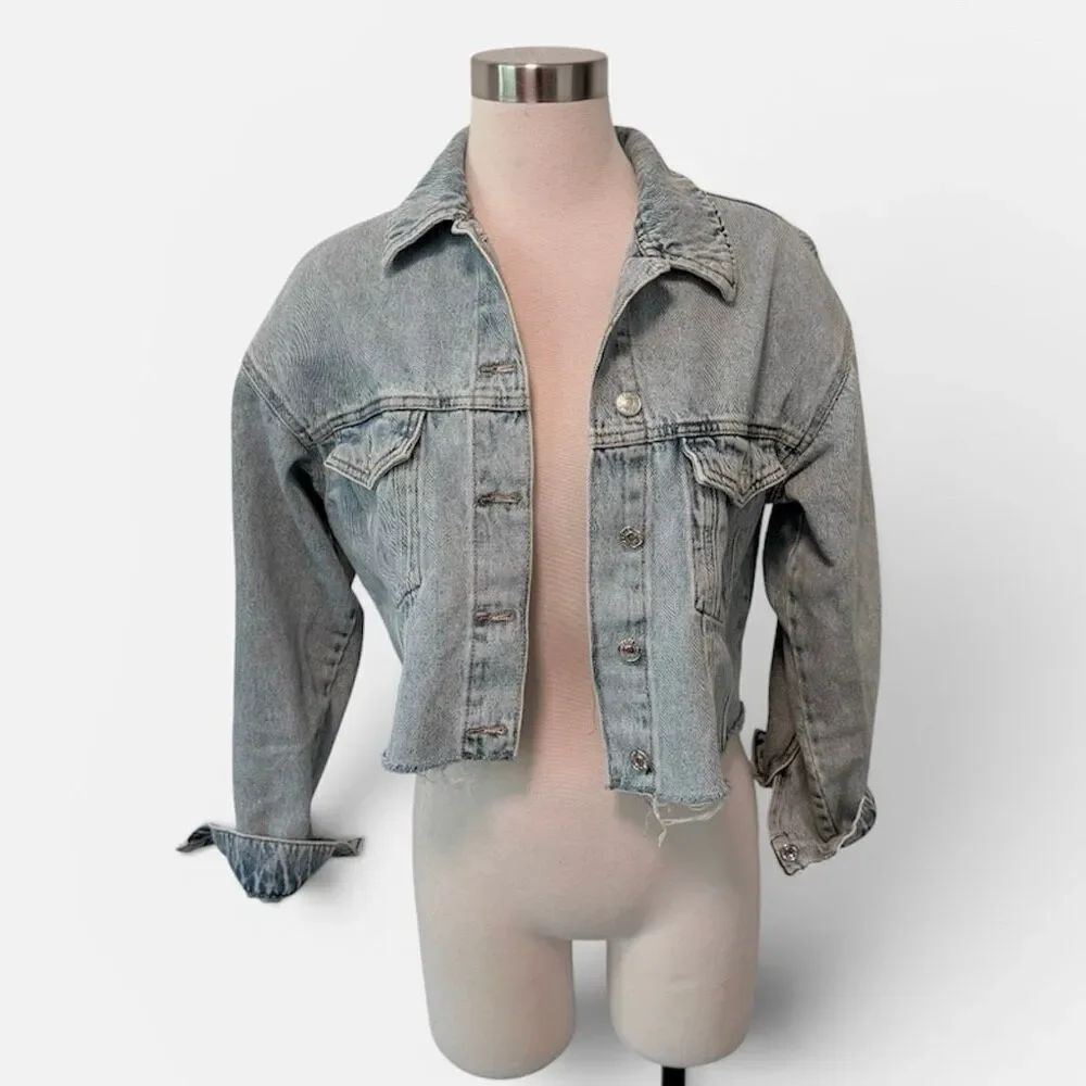 Primark &Denim Medium Wash Distressed Jean Denim Jacket Coat Cropped XS